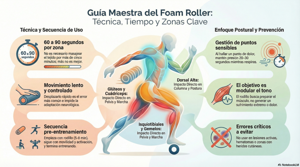 Guía maestra del foam roller con técnica, tiempo de uso y zonas clave para mejorar la movilidad y la salud postural