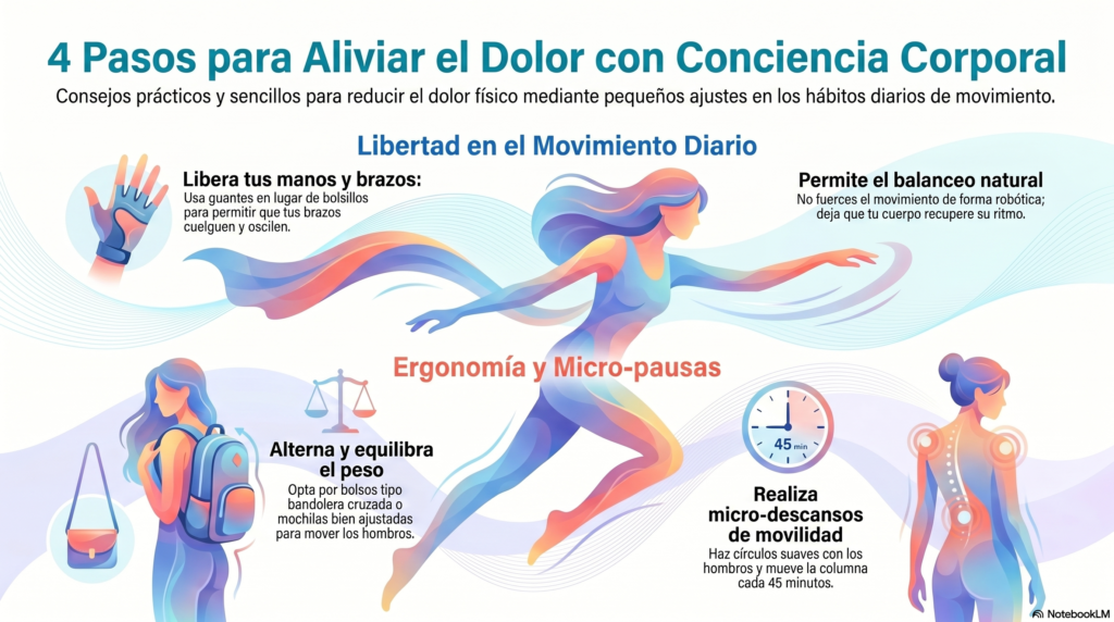 Infografía de fisioterapia con 5 cambios sencillos para aliviar el dolor de espalda: liberar manos y brazos con guantes, optimizar la carga de peso con mochilas, permitir el balanceo natural al caminar, realizar micro-descansos cada 45 minutos y poner foco en la columna y hombros si trabajas sentado.