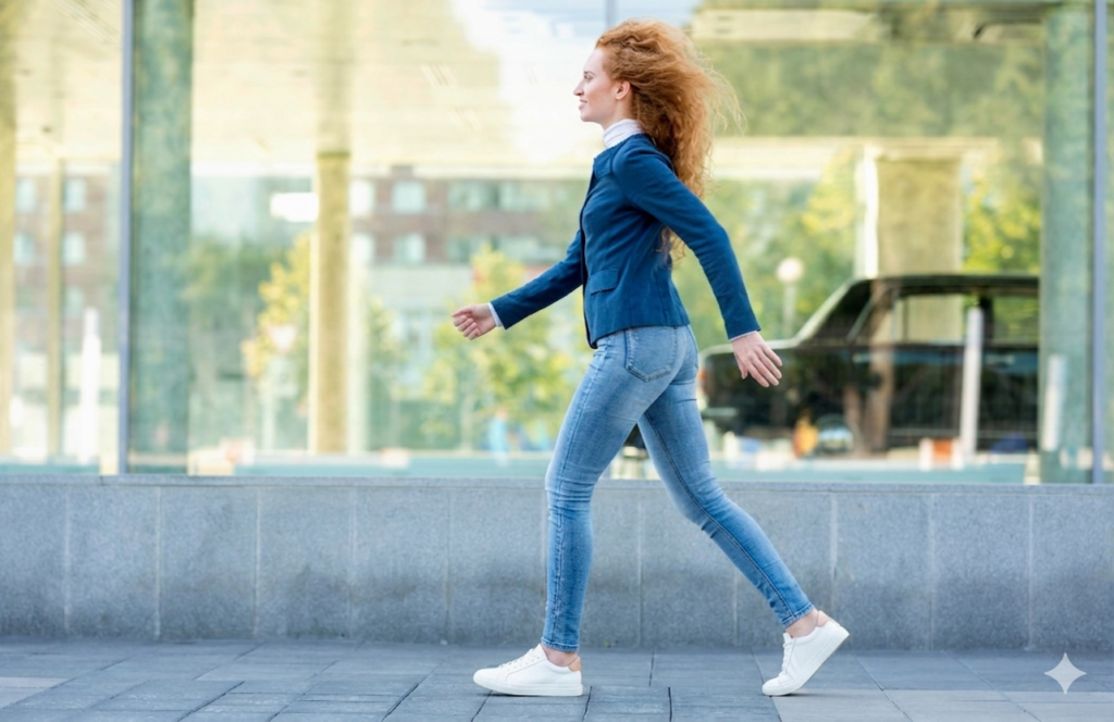Mujer joven con cabello pelirrojo, vestida con chaqueta azul y vaqueros, caminando con determinación y libertad por una calle de la ciudad con zapatillas deportivas blancas. Sus brazos se balancean naturalmente, libre de objetos, ilustrando una buena disociación de cinturas y movilidad dorsal.
