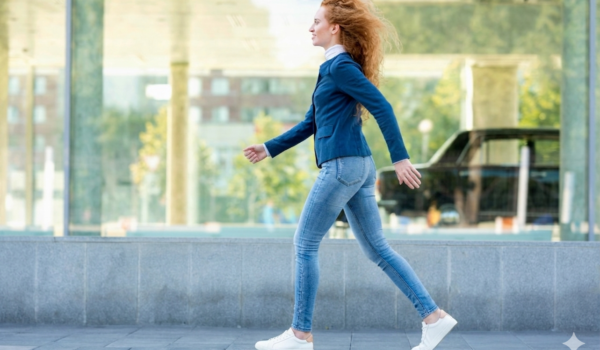 Mujer joven con cabello pelirrojo, vestida con chaqueta azul y vaqueros, caminando con determinación y libertad por una calle de la ciudad con zapatillas deportivas blancas. Sus brazos se balancean naturalmente, libre de objetos, ilustrando una buena disociación de cinturas y movilidad dorsal.