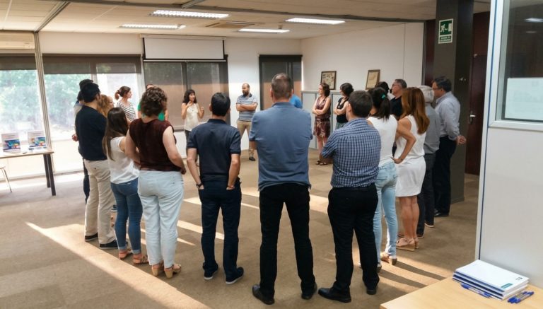 Equipo de una empresa participando en una sesión de movimiento y salud postural en la oficina